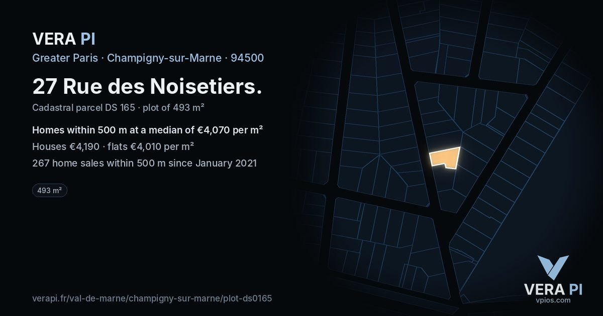 27 Rue des Noisetiers, Champigny-sur-Marne at night – the plot lit, the parcels around coloured by the prices near them