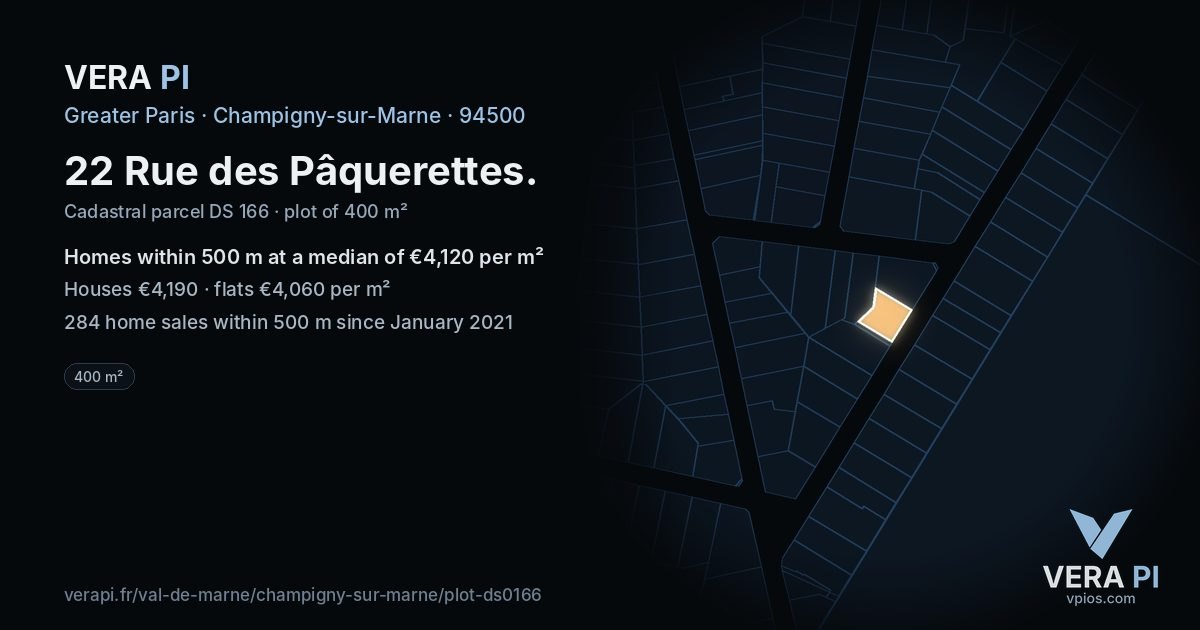 22 Rue des Pâquerettes, Champigny-sur-Marne at night – the plot lit, the parcels around coloured by the prices near them