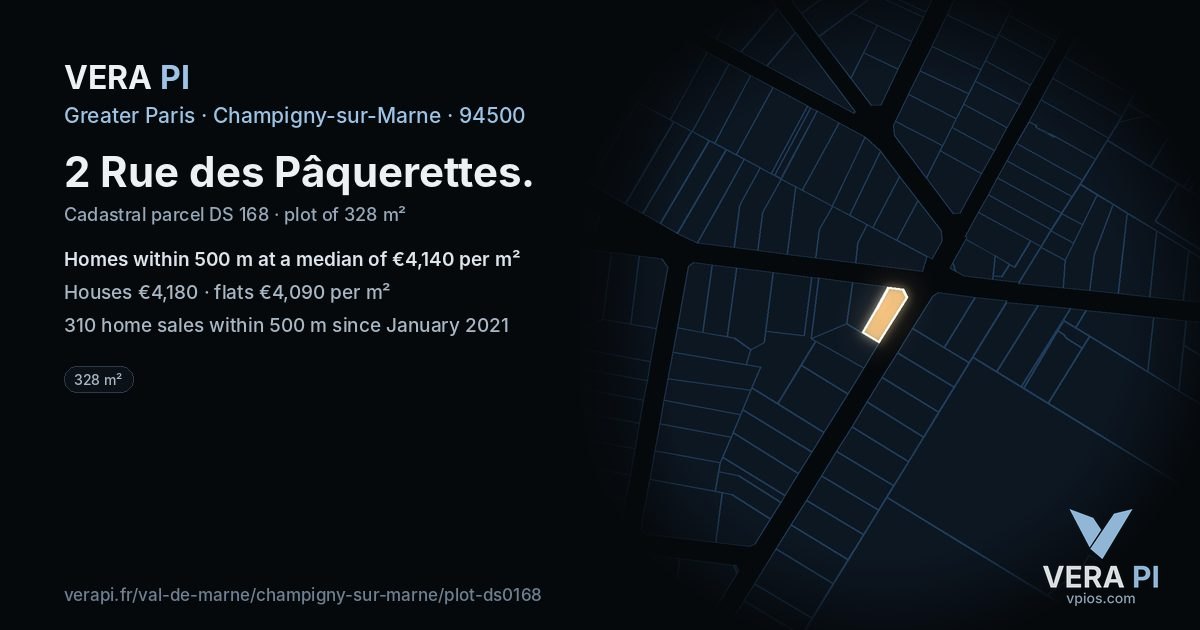 2 Rue des Pâquerettes, Champigny-sur-Marne at night – the plot lit, the parcels around coloured by the prices near them