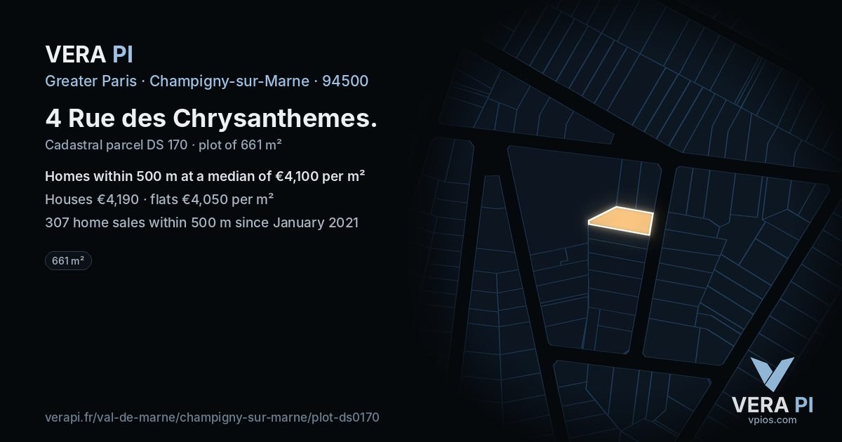 4 Rue des Chrysanthemes, Champigny-sur-Marne at night – the plot lit, the parcels around coloured by the prices near them