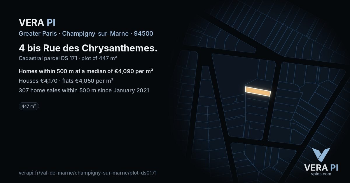 4 bis Rue des Chrysanthemes, Champigny-sur-Marne at night – the plot lit, the parcels around coloured by the prices near them