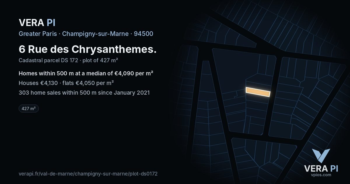 6 Rue des Chrysanthemes, Champigny-sur-Marne at night – the plot lit, the parcels around coloured by the prices near them