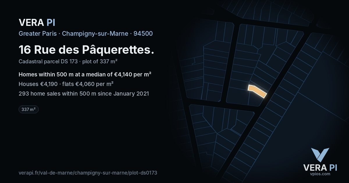16 Rue des Pâquerettes, Champigny-sur-Marne at night – the plot lit, the parcels around coloured by the prices near them