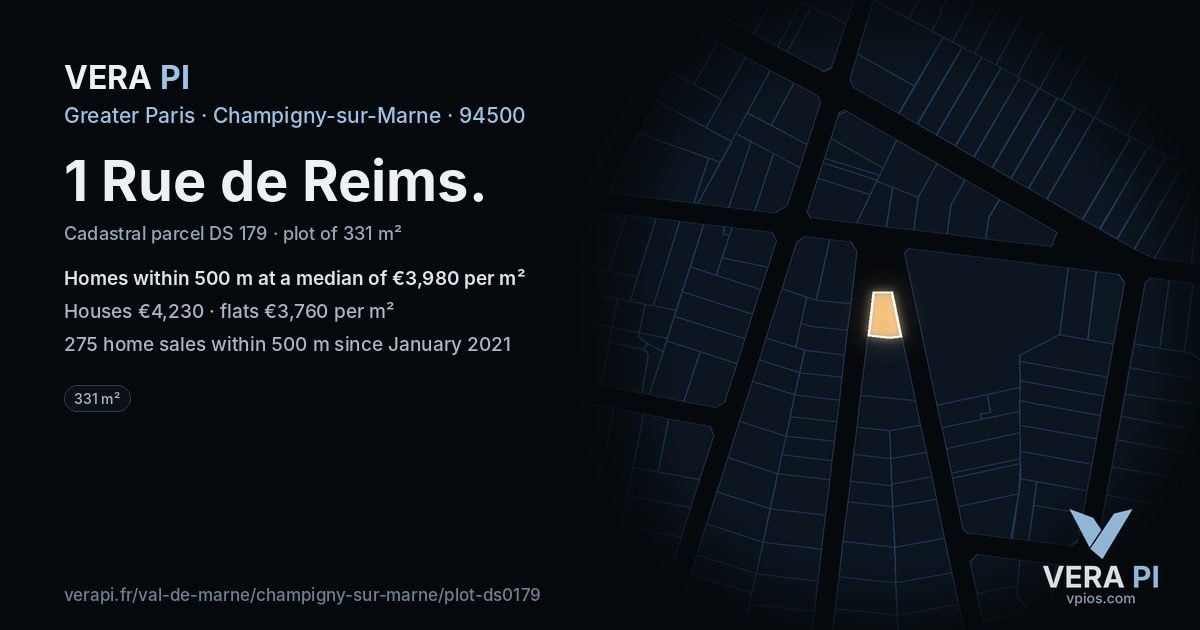1 Rue de Reims, Champigny-sur-Marne at night – the plot lit, the parcels around coloured by the prices near them