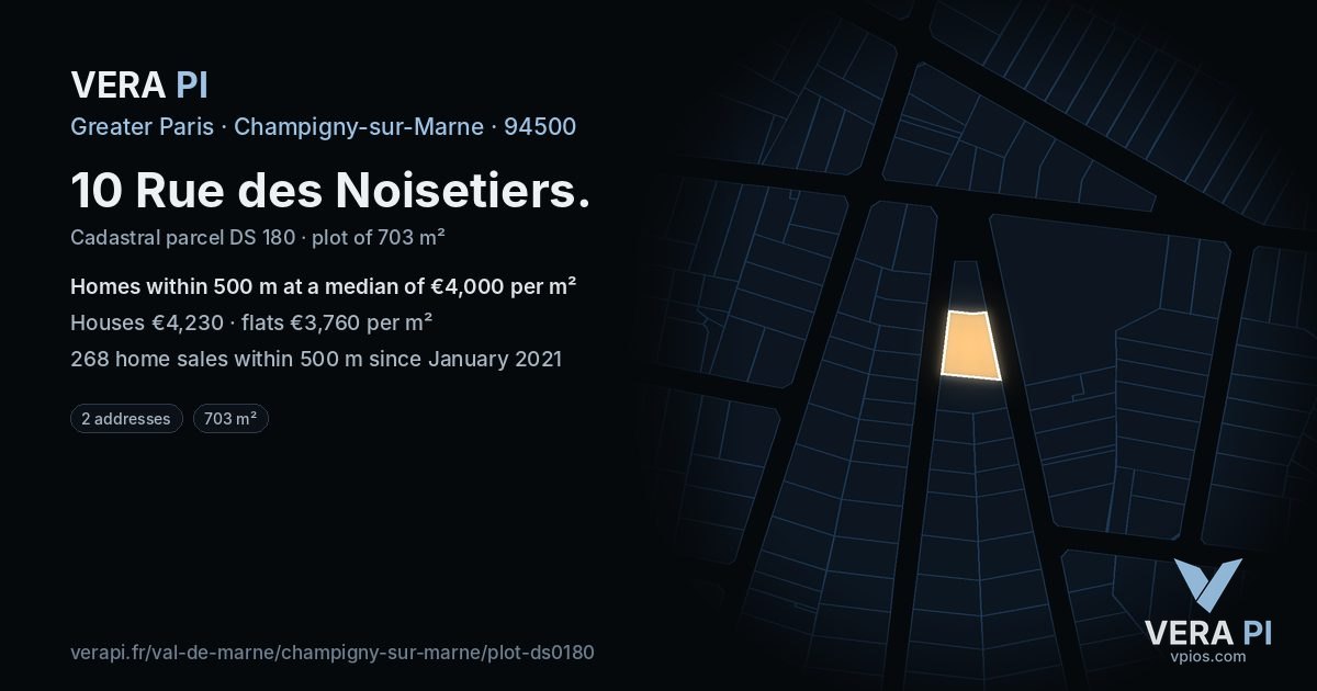 10 Rue des Noisetiers, Champigny-sur-Marne at night – the plot lit, the parcels around coloured by the prices near them