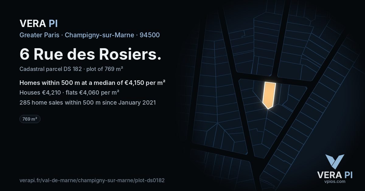 6 Rue des Rosiers, Champigny-sur-Marne at night – the plot lit, the parcels around coloured by the prices near them