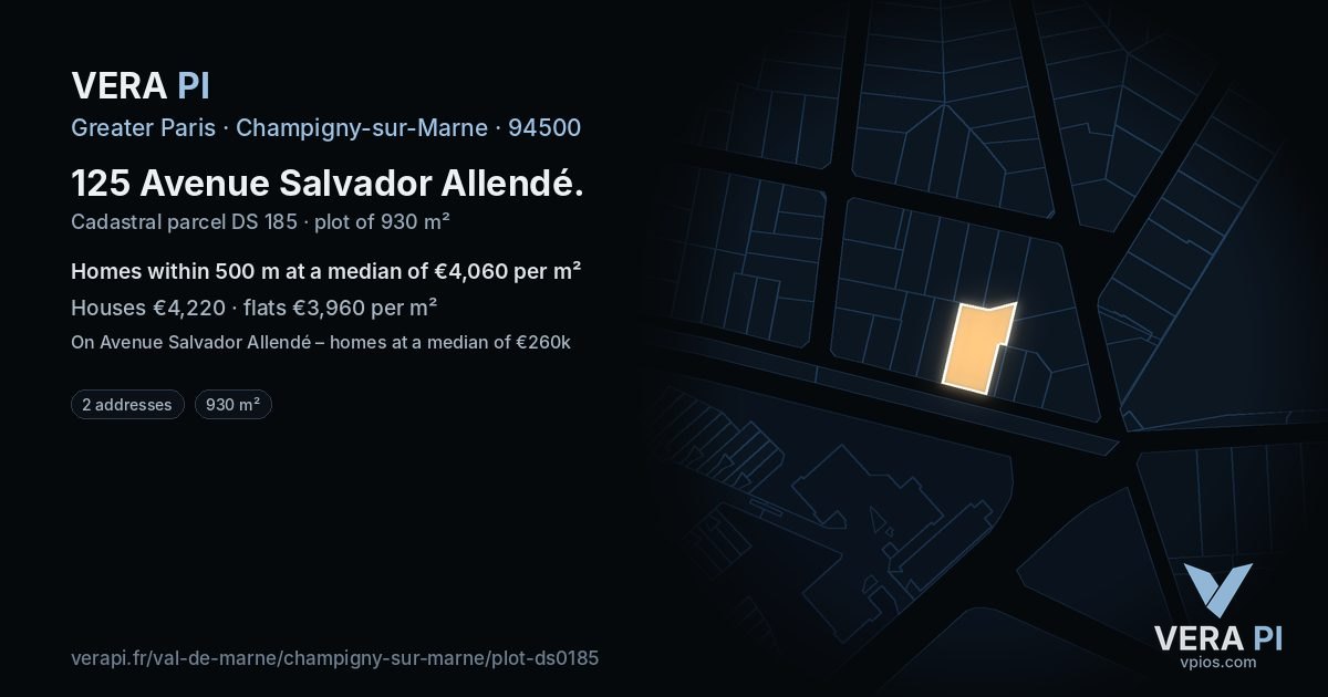 125 Avenue Salvador Allendé, Champigny-sur-Marne at night – the plot lit, the parcels around coloured by the prices near them