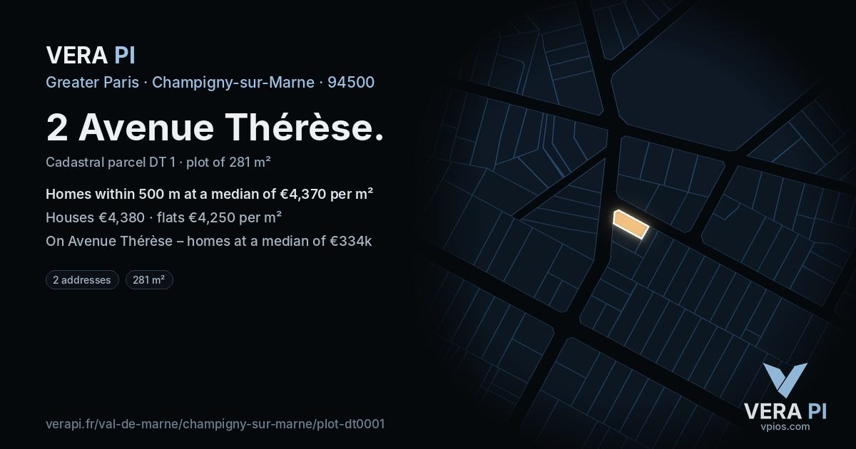 2 Avenue Thérèse, Champigny-sur-Marne at night – the plot lit, the parcels around coloured by the prices near them