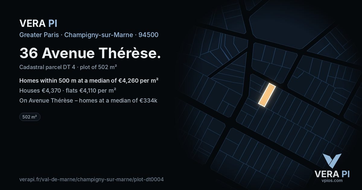 36 Avenue Thérèse, Champigny-sur-Marne at night – the plot lit, the parcels around coloured by the prices near them