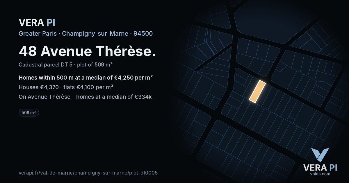 48 Avenue Thérèse, Champigny-sur-Marne at night – the plot lit, the parcels around coloured by the prices near them