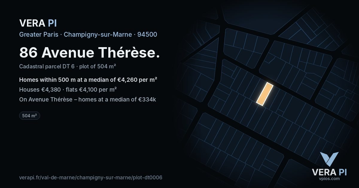 86 Avenue Thérèse, Champigny-sur-Marne at night – the plot lit, the parcels around coloured by the prices near them