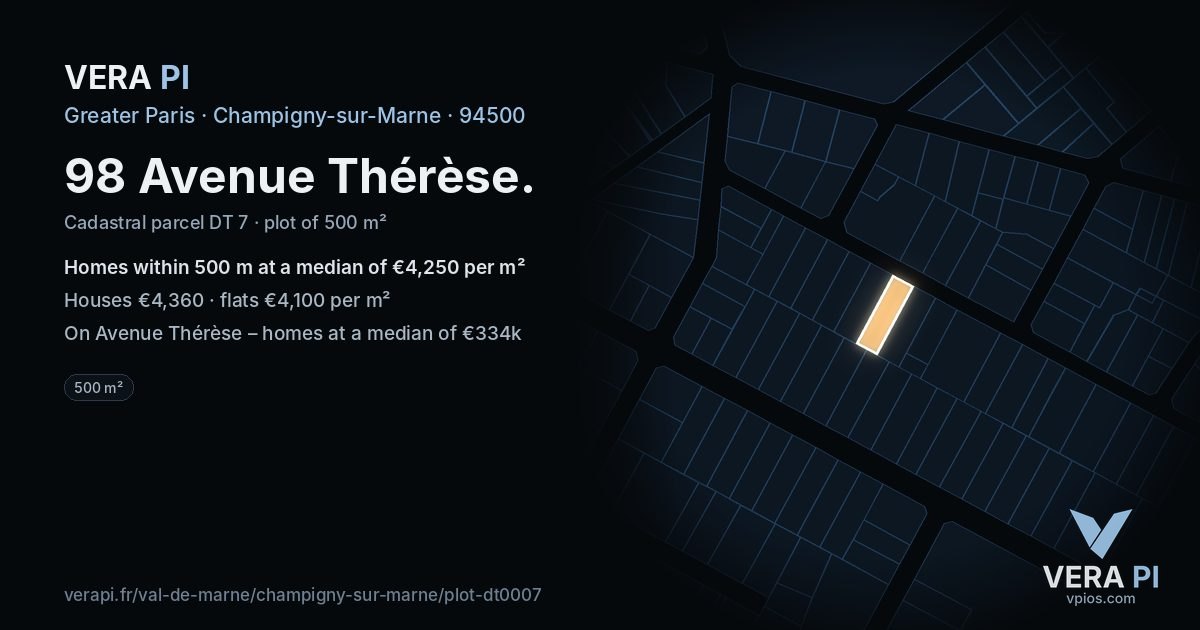 98 Avenue Thérèse, Champigny-sur-Marne at night – the plot lit, the parcels around coloured by the prices near them
