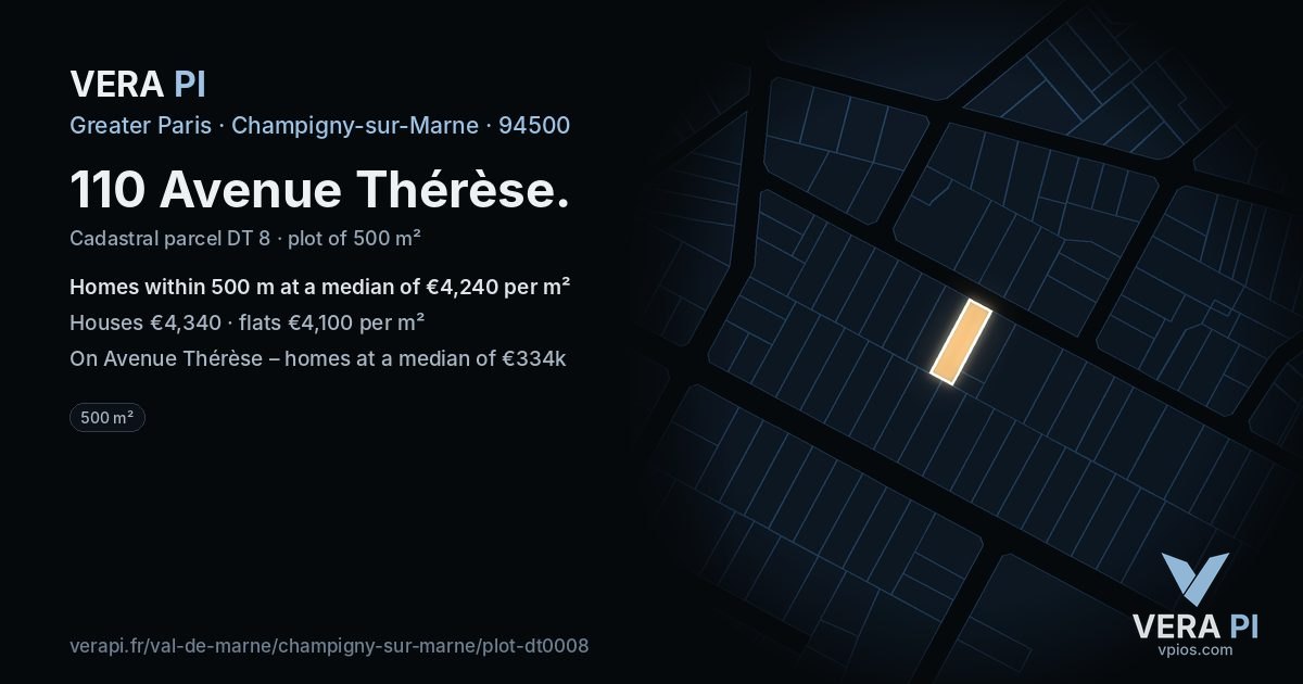 110 Avenue Thérèse, Champigny-sur-Marne at night – the plot lit, the parcels around coloured by the prices near them