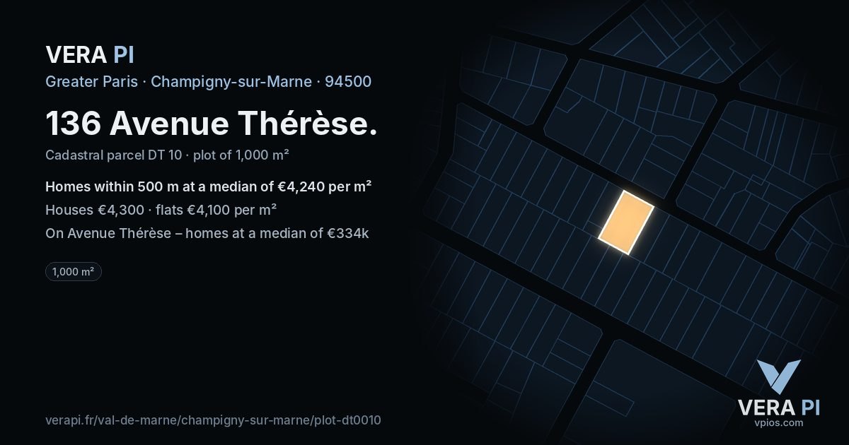 136 Avenue Thérèse, Champigny-sur-Marne at night – the plot lit, the parcels around coloured by the prices near them