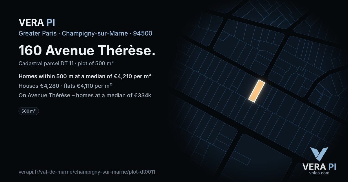 160 Avenue Thérèse, Champigny-sur-Marne at night – the plot lit, the parcels around coloured by the prices near them