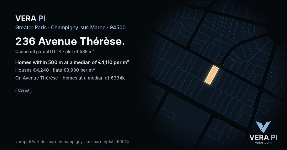 236 Avenue Thérèse, Champigny-sur-Marne at night – the plot lit, the parcels around coloured by the prices near them