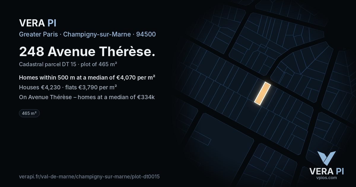 248 Avenue Thérèse, Champigny-sur-Marne at night – the plot lit, the parcels around coloured by the prices near them