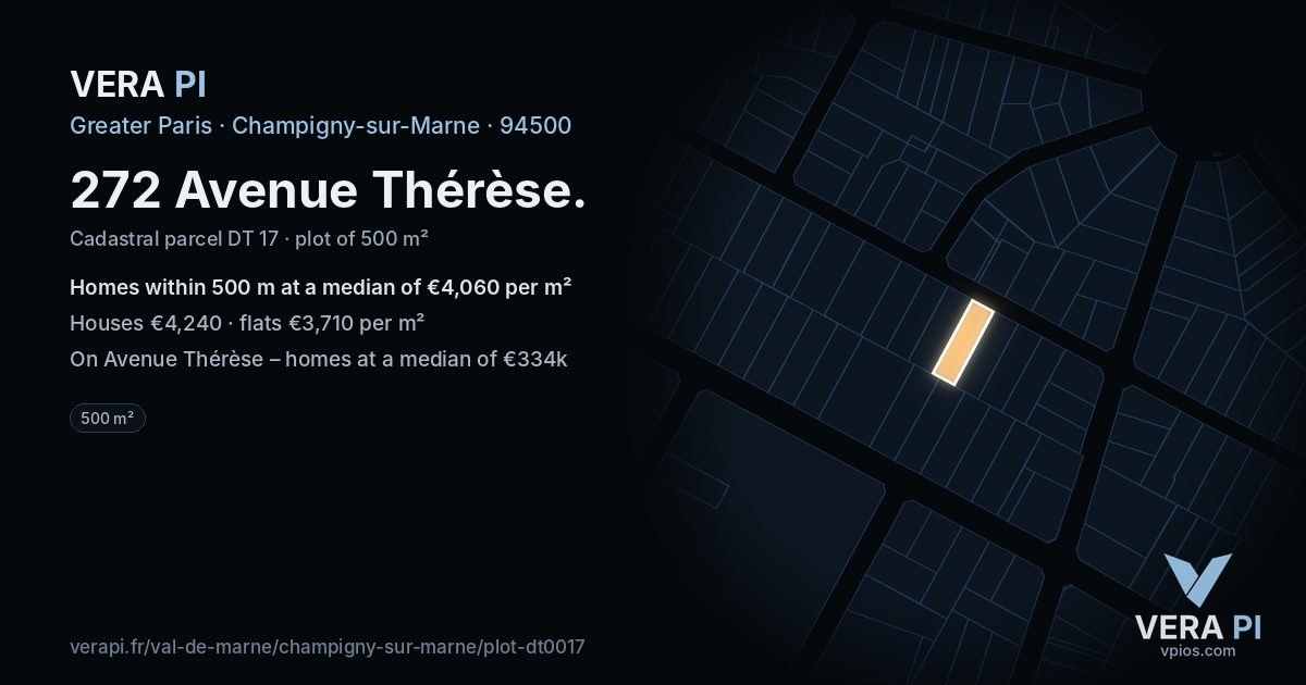 272 Avenue Thérèse, Champigny-sur-Marne at night – the plot lit, the parcels around coloured by the prices near them