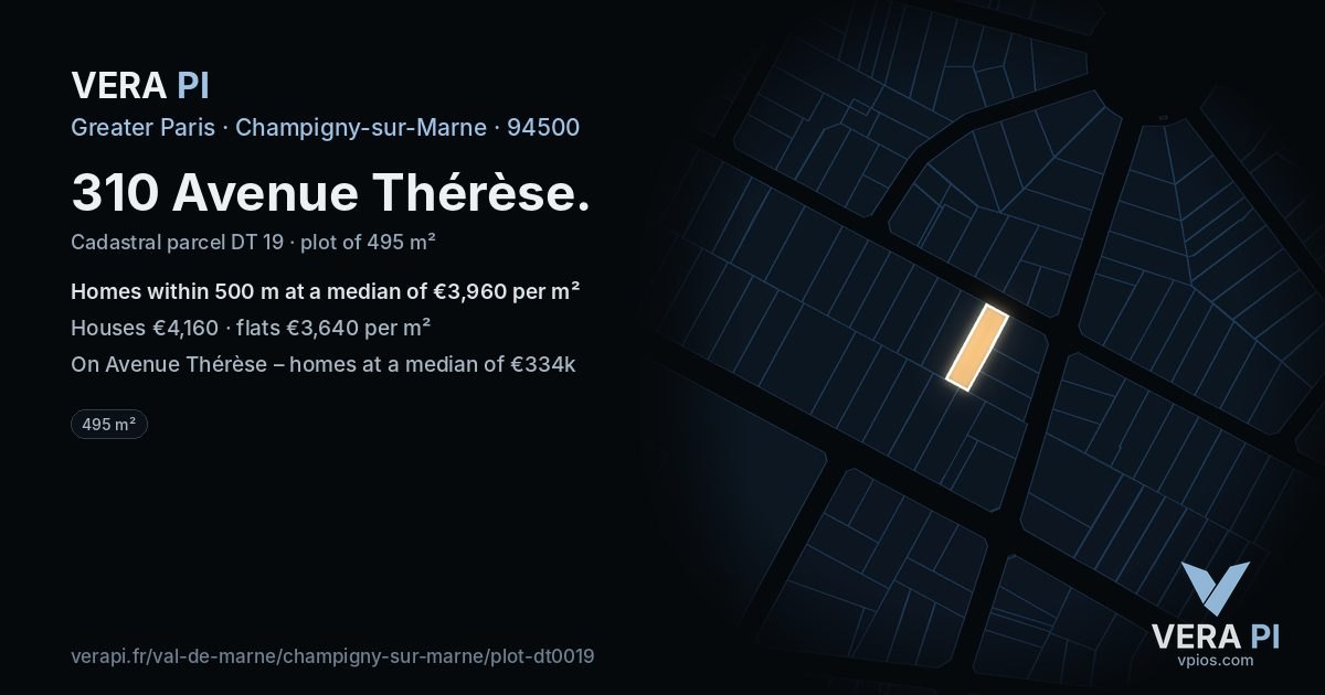 310 Avenue Thérèse, Champigny-sur-Marne at night – the plot lit, the parcels around coloured by the prices near them