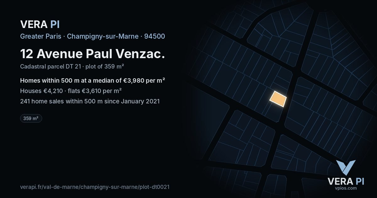12 Avenue Paul Venzac, Champigny-sur-Marne at night – the plot lit, the parcels around coloured by the prices near them