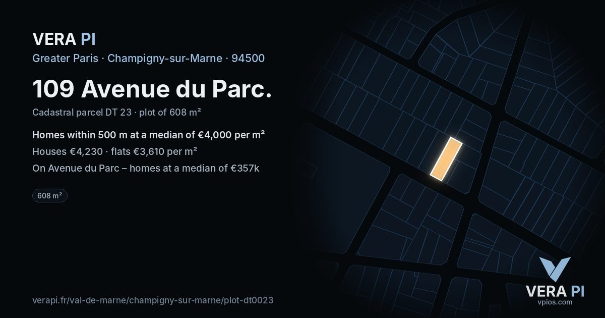 109 Avenue du Parc, Champigny-sur-Marne at night – the plot lit, the parcels around coloured by the prices near them