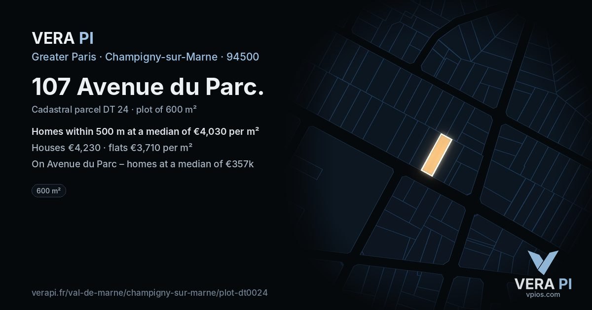 107 Avenue du Parc, Champigny-sur-Marne at night – the plot lit, the parcels around coloured by the prices near them