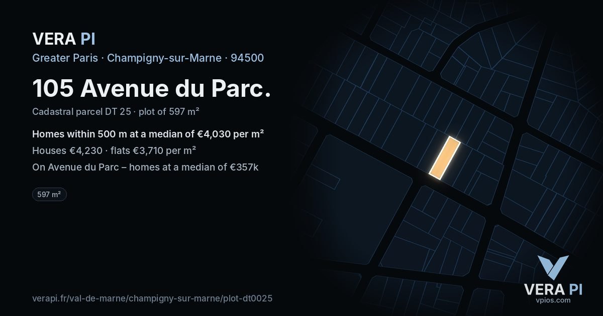 105 Avenue du Parc, Champigny-sur-Marne at night – the plot lit, the parcels around coloured by the prices near them
