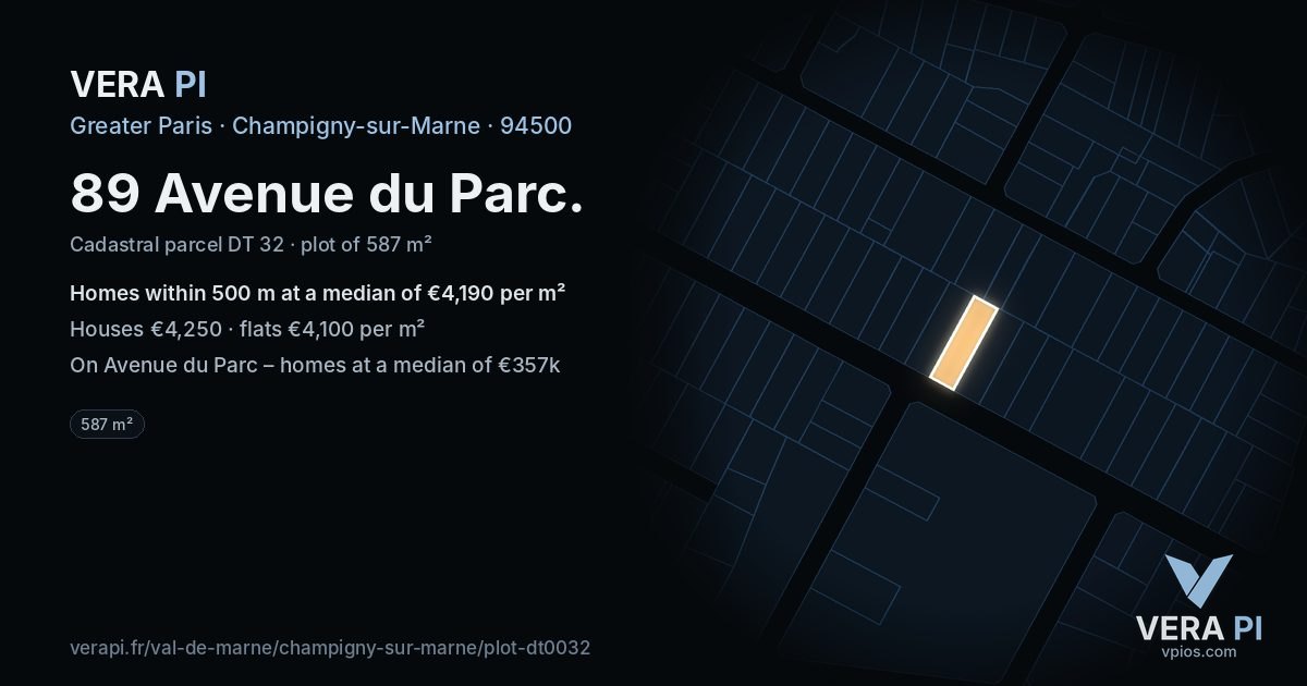 89 Avenue du Parc, Champigny-sur-Marne at night – the plot lit, the parcels around coloured by the prices near them