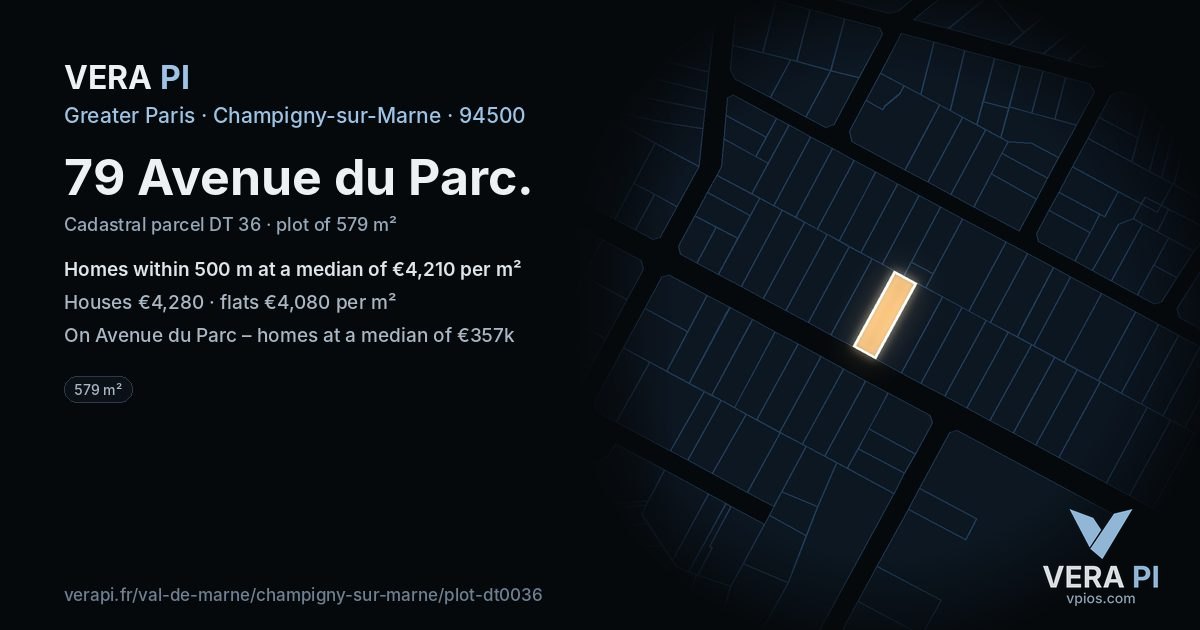 79 Avenue du Parc, Champigny-sur-Marne at night – the plot lit, the parcels around coloured by the prices near them