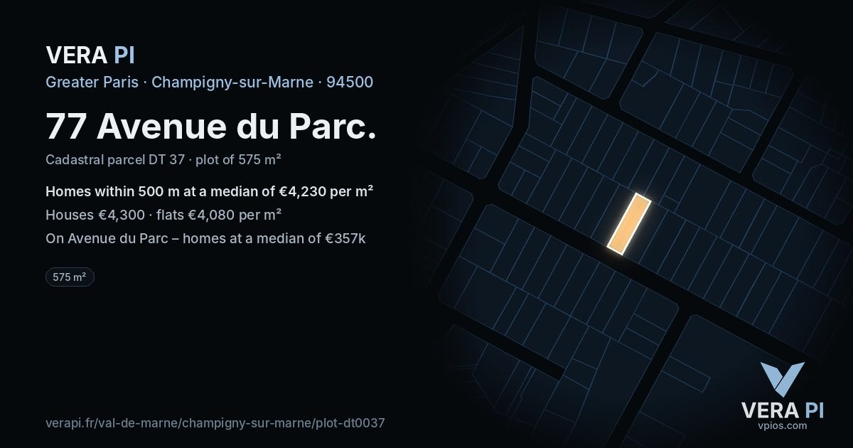 77 Avenue du Parc, Champigny-sur-Marne at night – the plot lit, the parcels around coloured by the prices near them
