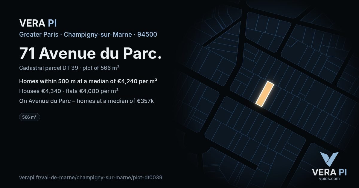 71 Avenue du Parc, Champigny-sur-Marne at night – the plot lit, the parcels around coloured by the prices near them