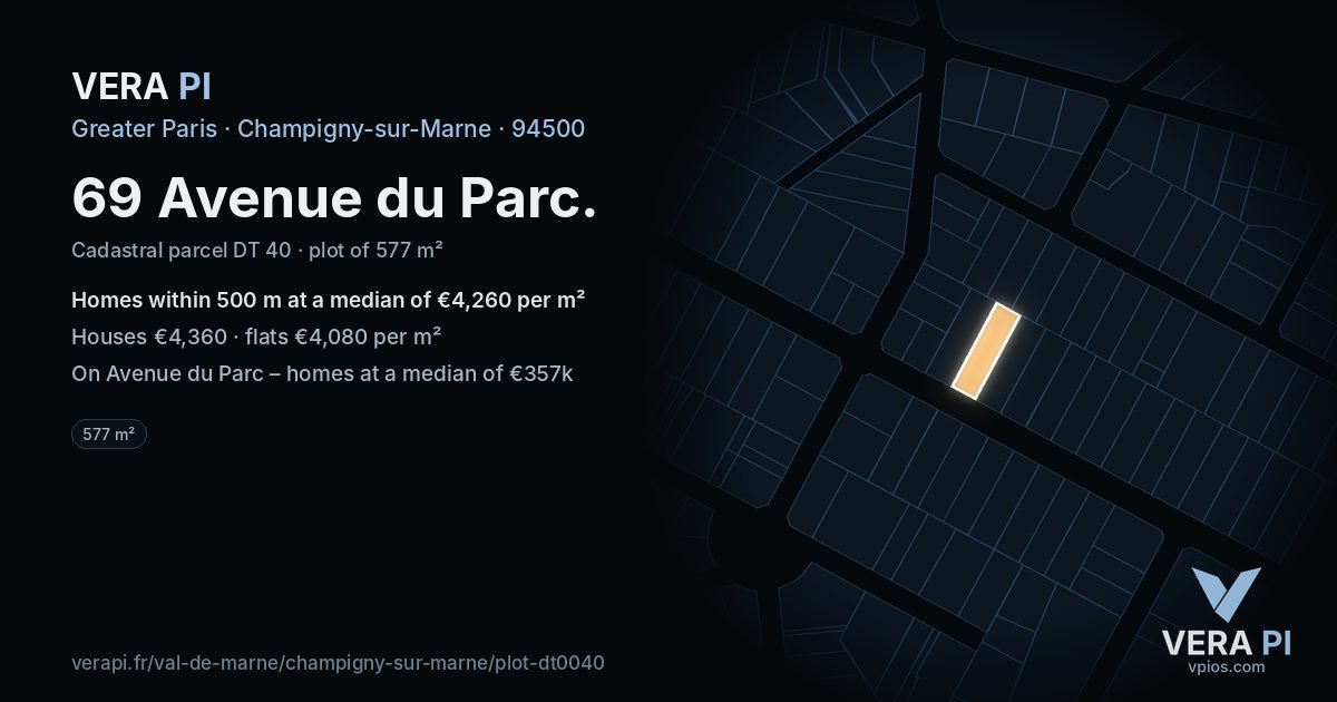 69 Avenue du Parc, Champigny-sur-Marne at night – the plot lit, the parcels around coloured by the prices near them