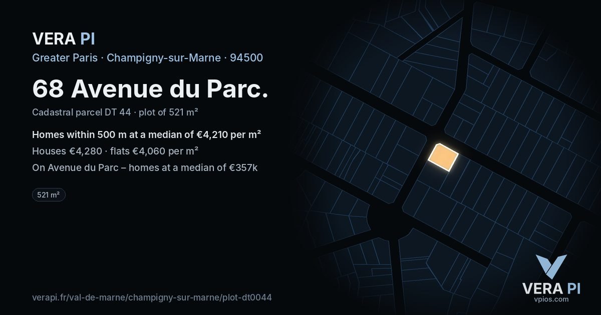 68 Avenue du Parc, Champigny-sur-Marne at night – the plot lit, the parcels around coloured by the prices near them