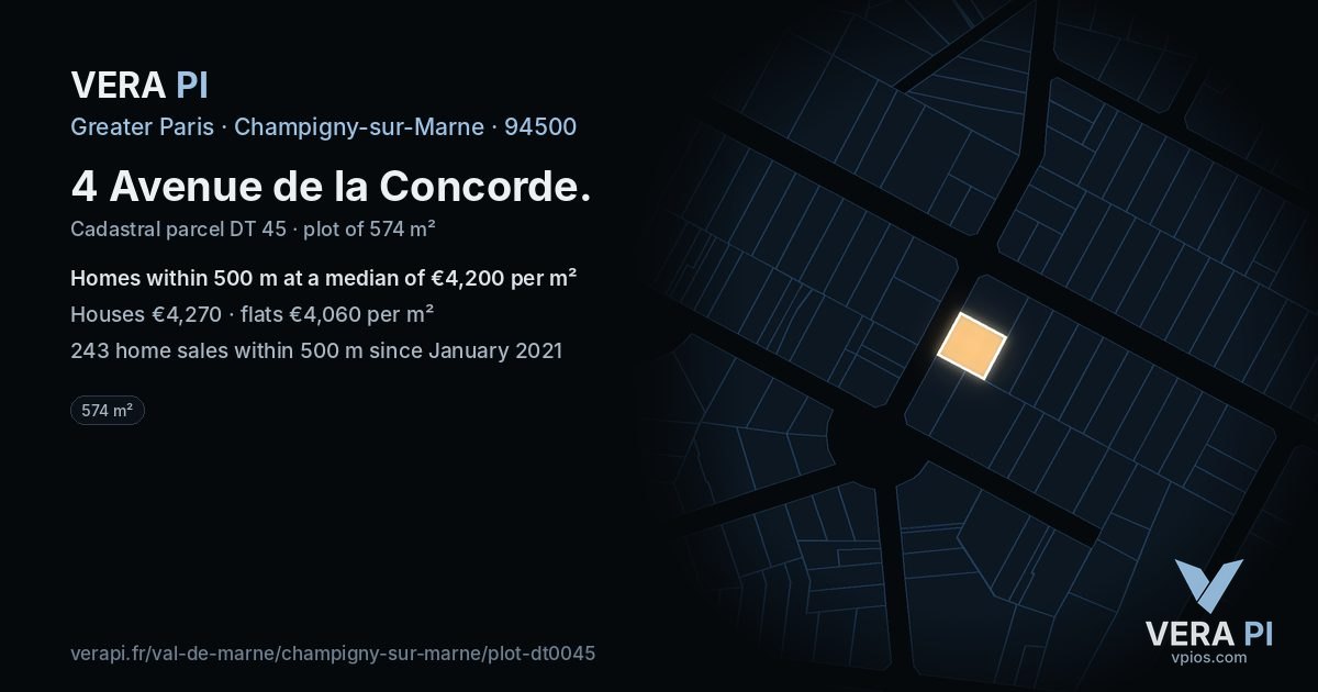 4 Avenue de la Concorde, Champigny-sur-Marne at night – the plot lit, the parcels around coloured by the prices near them