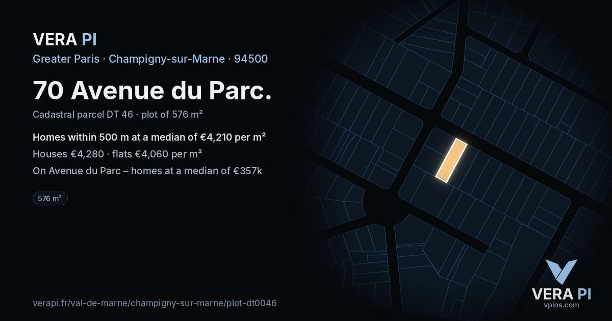 70 Avenue du Parc, Champigny-sur-Marne at night – the plot lit, the parcels around coloured by the prices near them