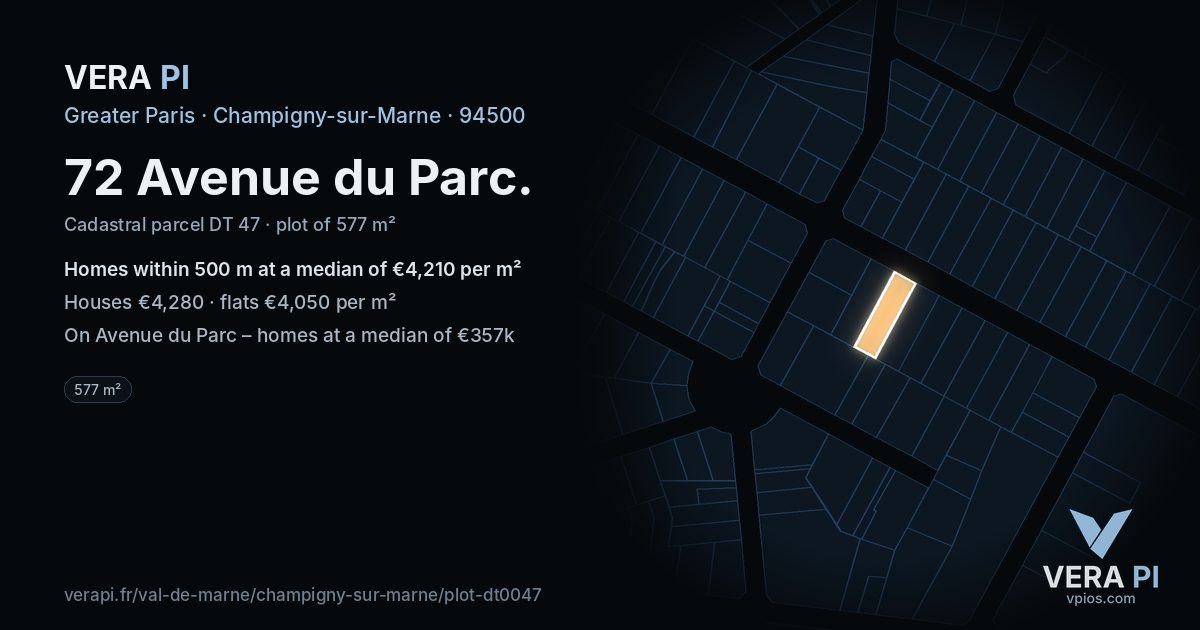 72 Avenue du Parc, Champigny-sur-Marne at night – the plot lit, the parcels around coloured by the prices near them
