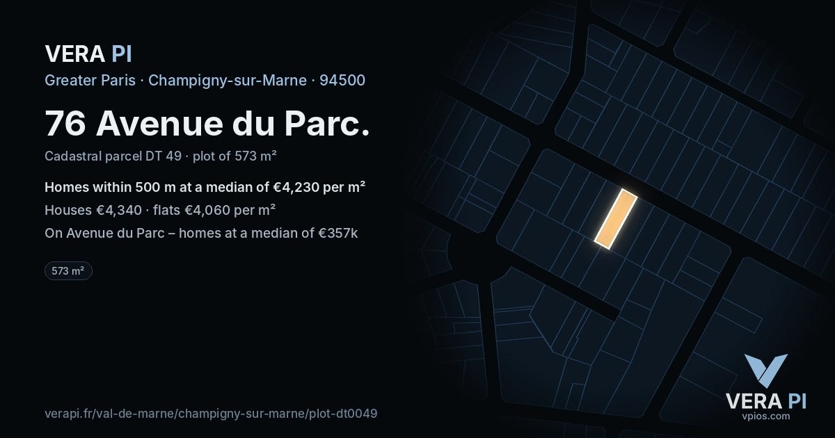 76 Avenue du Parc, Champigny-sur-Marne at night – the plot lit, the parcels around coloured by the prices near them