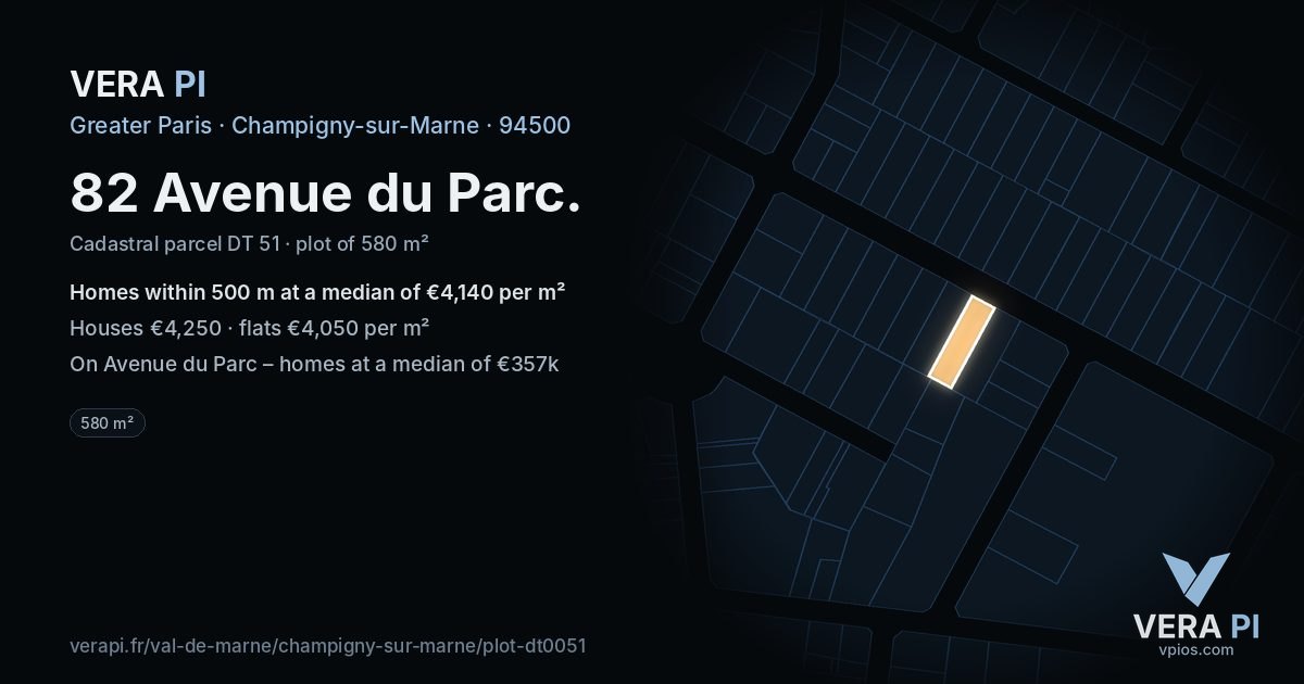 82 Avenue du Parc, Champigny-sur-Marne at night – the plot lit, the parcels around coloured by the prices near them