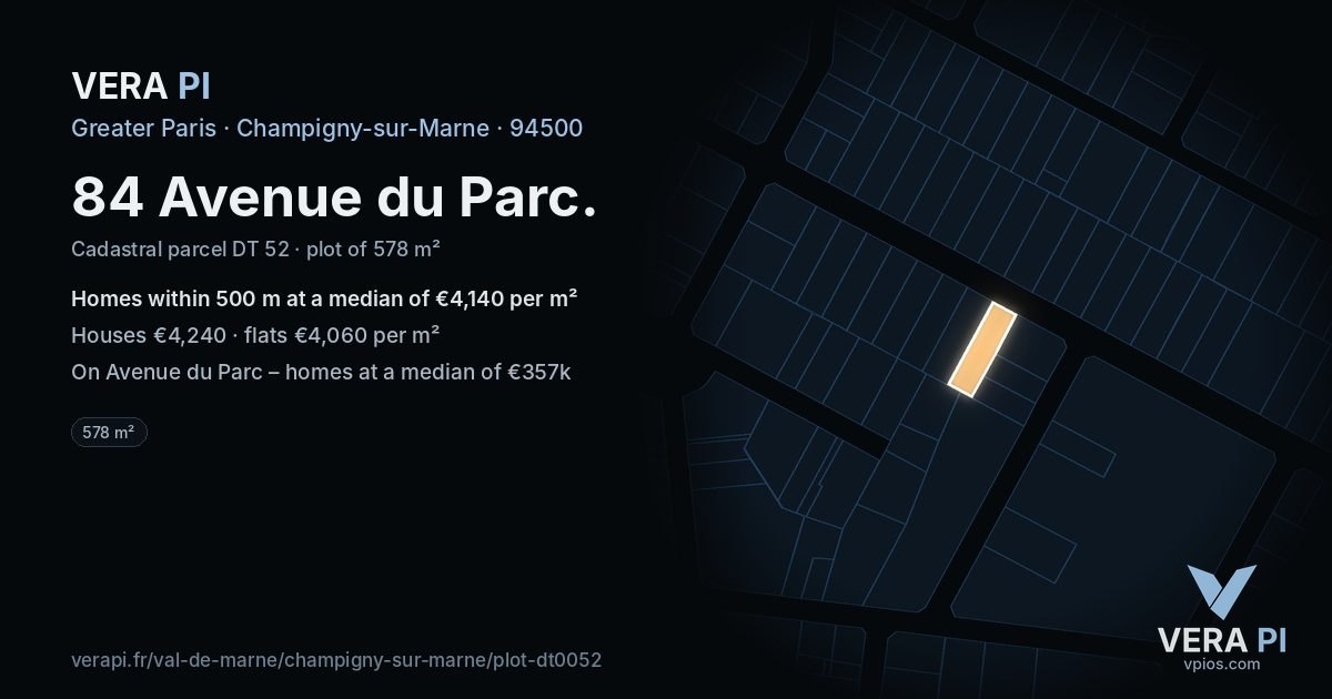 84 Avenue du Parc, Champigny-sur-Marne at night – the plot lit, the parcels around coloured by the prices near them