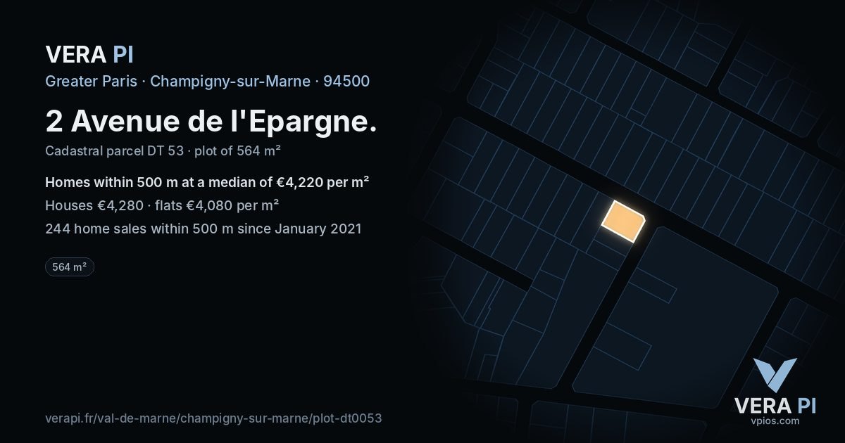 2 Avenue de l'Epargne, Champigny-sur-Marne at night – the plot lit, the parcels around coloured by the prices near them