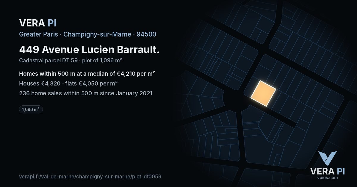 449 Avenue Lucien Barrault, Champigny-sur-Marne at night – the plot lit, the parcels around coloured by the prices near them