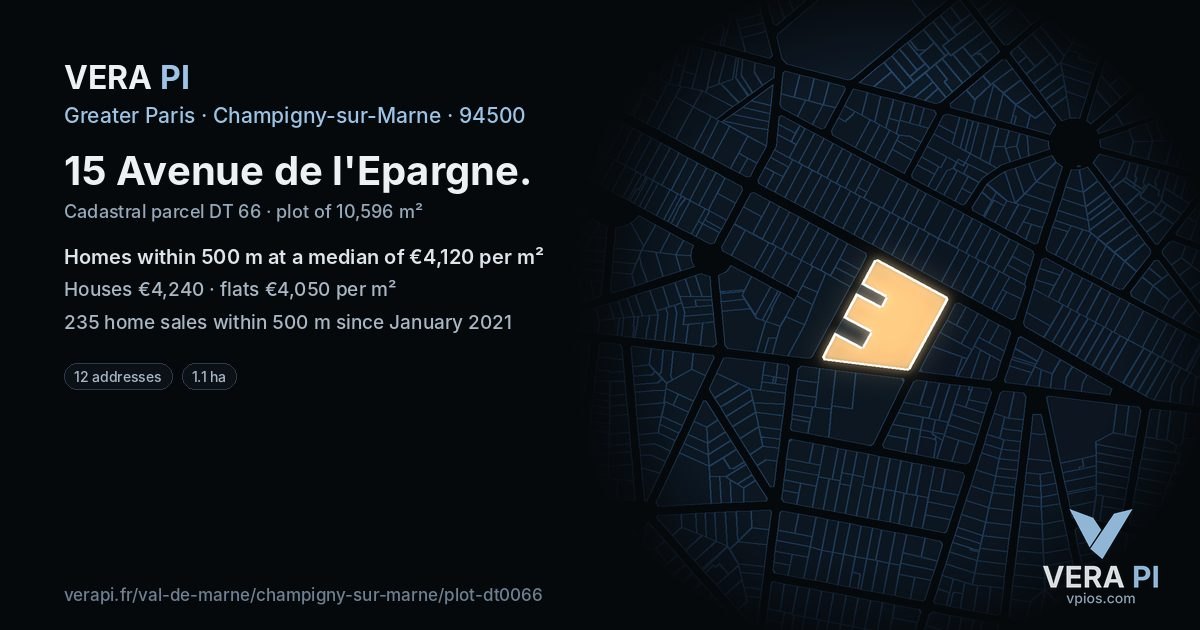 15 Avenue de l'Epargne, Champigny-sur-Marne at night – the plot lit, the parcels around coloured by the prices near them