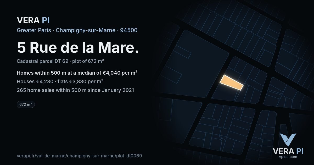 5 Rue de la Mare, Champigny-sur-Marne at night – the plot lit, the parcels around coloured by the prices near them