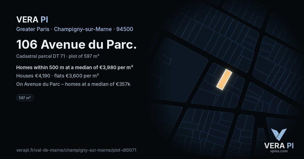 106 Avenue du Parc, Champigny-sur-Marne at night – the plot lit, the parcels around coloured by the prices near them