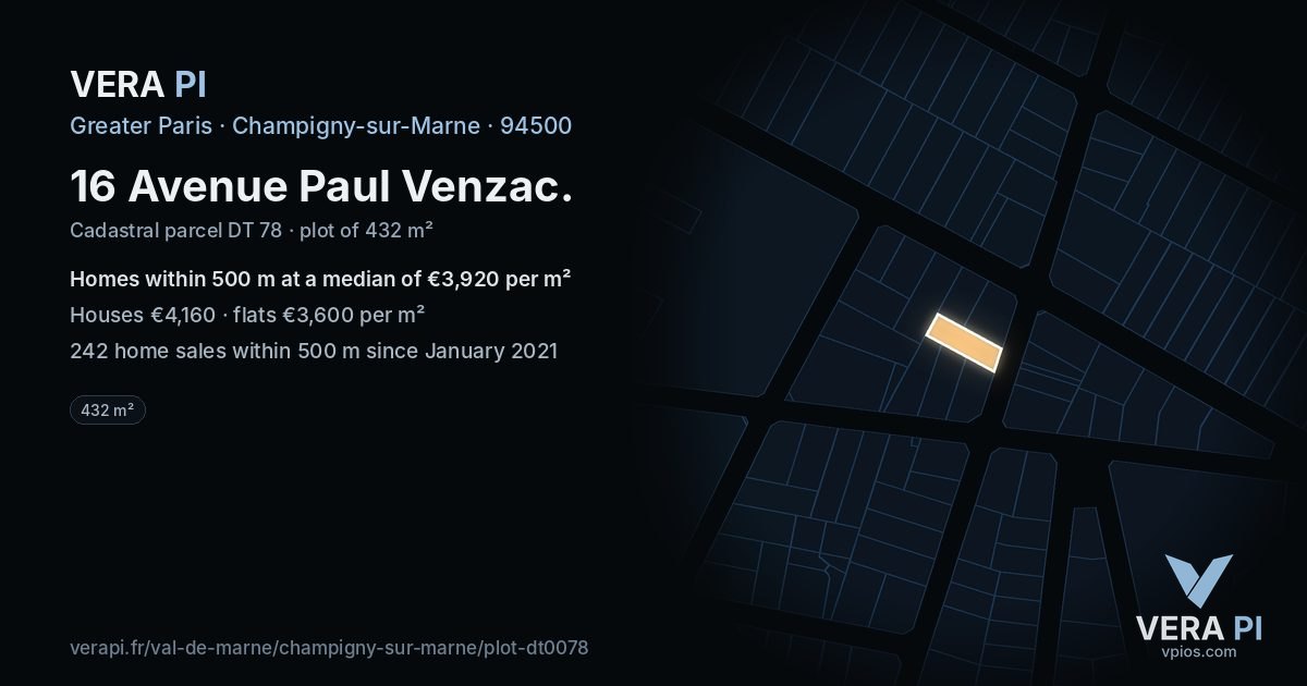 16 Avenue Paul Venzac, Champigny-sur-Marne at night – the plot lit, the parcels around coloured by the prices near them