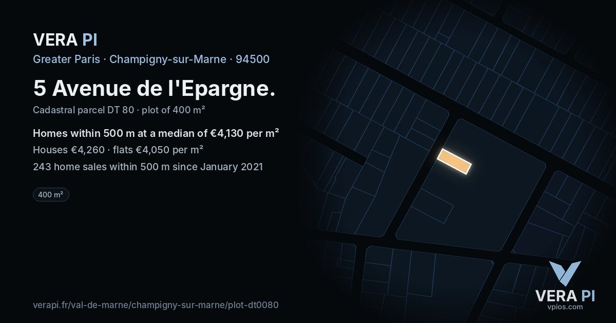 5 Avenue de l'Epargne, Champigny-sur-Marne at night – the plot lit, the parcels around coloured by the prices near them