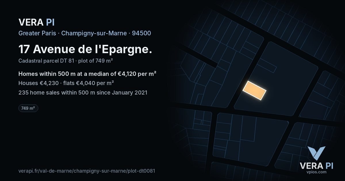 17 Avenue de l'Epargne, Champigny-sur-Marne at night – the plot lit, the parcels around coloured by the prices near them
