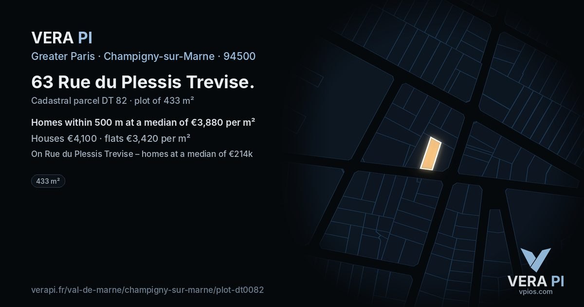 63 Rue du Plessis Trevise, Champigny-sur-Marne at night – the plot lit, the parcels around coloured by the prices near them
