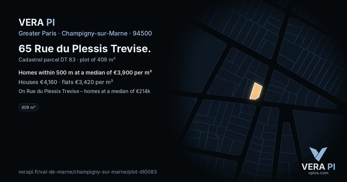 65 Rue du Plessis Trevise, Champigny-sur-Marne at night – the plot lit, the parcels around coloured by the prices near them