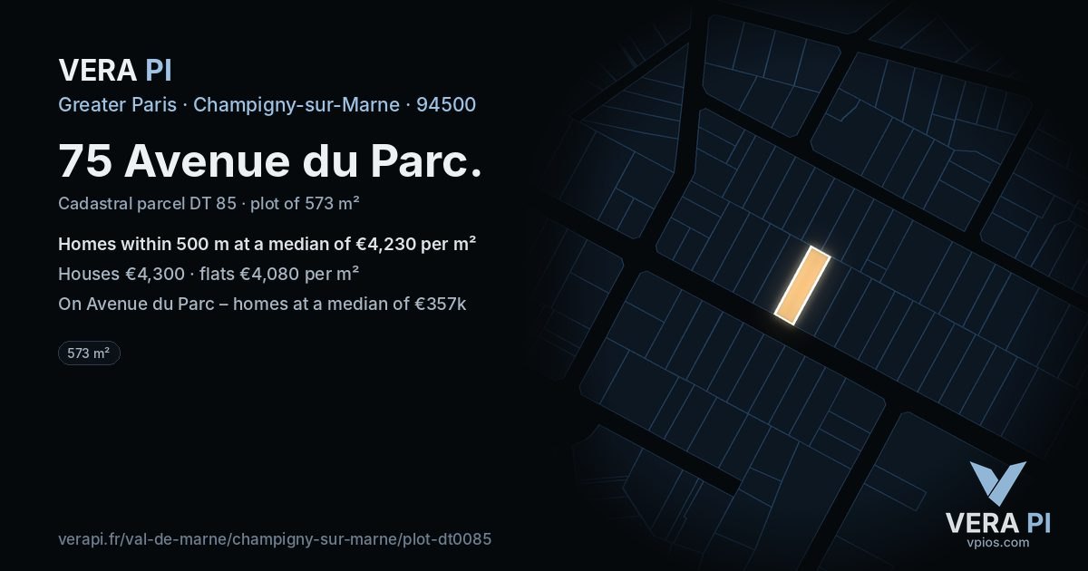 75 Avenue du Parc, Champigny-sur-Marne at night – the plot lit, the parcels around coloured by the prices near them